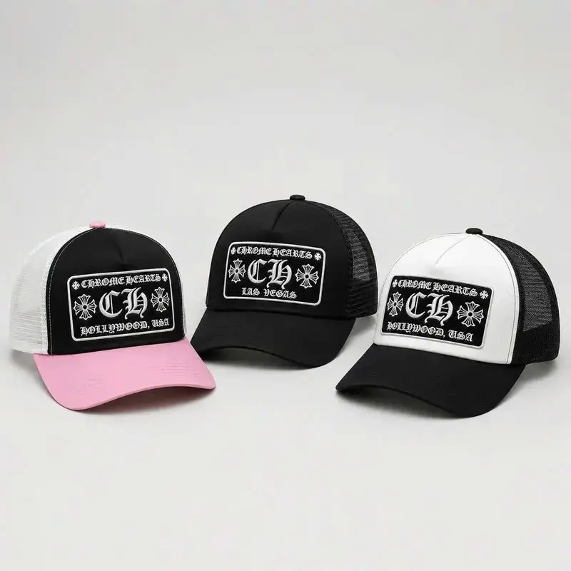Chrome Hearts Trucker Hat – Embroidered CH Graphic Patch Baseball Cap, Mesh Back Adjustable Snapback Hat for Men & Women, Streetwear Fashion Cap, Black White & Pink