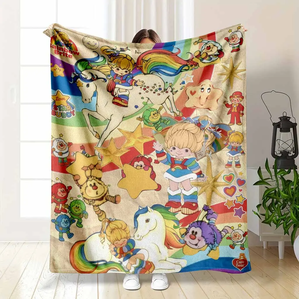 Rainbow Brite Flanel Fleece Blanket Star Buddy Print Super Soft & Cozy Vibrant Rainbow Colors Perfect for Sofa Bedding Couch Gifts Travel Home Decor Kids Room Alternatives.