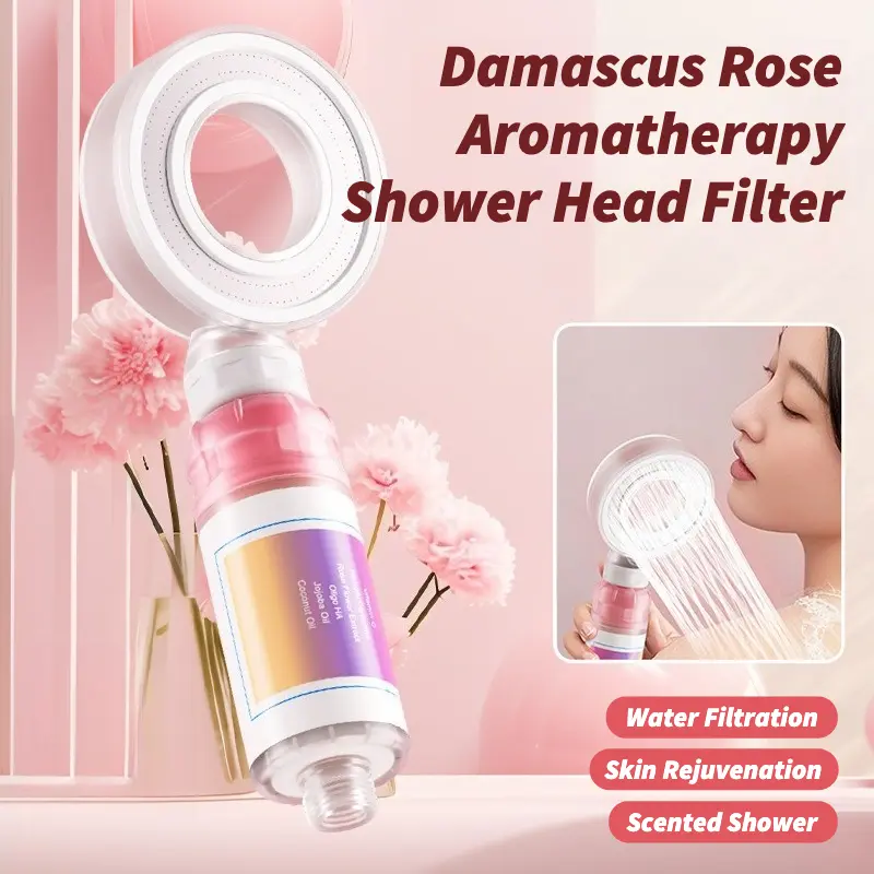 Damascus Rose Aromatherapy Shower Head Filter - High Pressure, Water Saving, Peach Mint Scent, Vitamin C Purifier, Chlorine Removal, Skin Care Spa Handheld Sprayer with Shower Filter