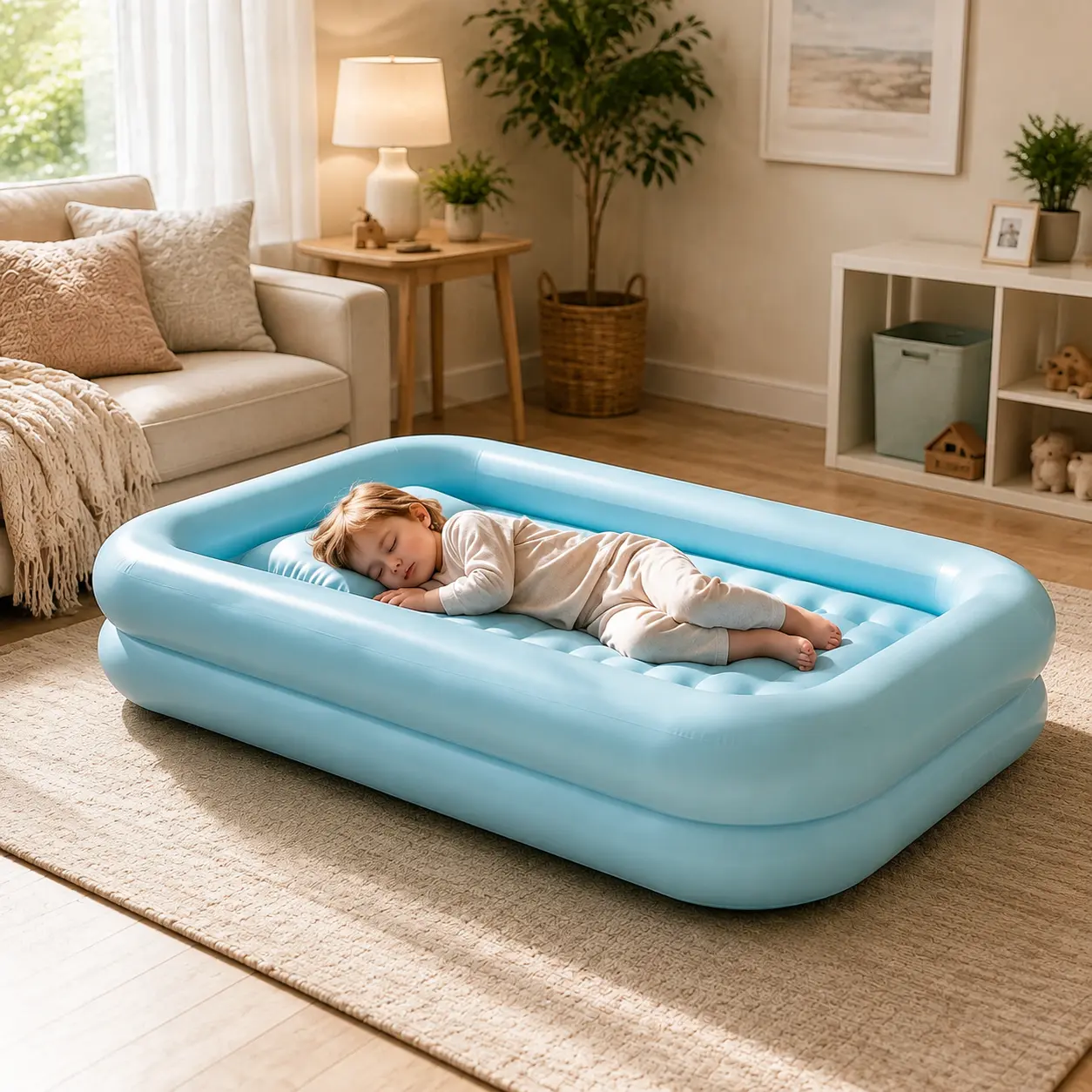 2-in-1 inflatable bed for children! Use it as a safe mattress for overnight stays and camping, or as a mini swimming pool. Soft flocking, leak proof thick PVC, quick inflation and folding storage. Suitable as the perfect gift for indoor and outdoor fun!
