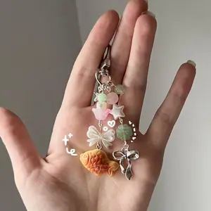 taiyaki dessert lucky bow pink + green glass sweet treat heisei retro dtdeco juminocore bag charm / keychain <3