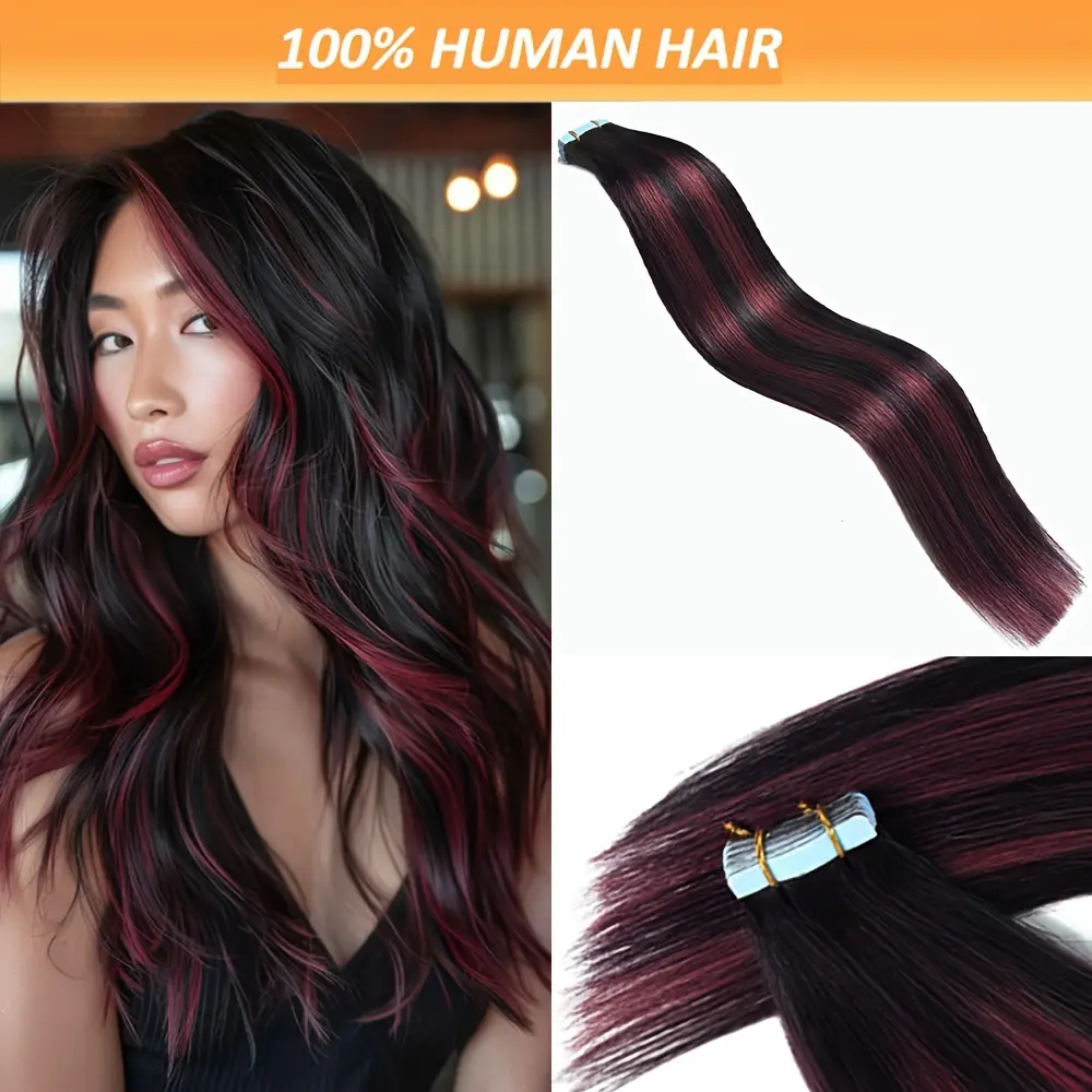 New Wholesale Hot Human Hair Tape-In Hair Extensions, 18-26 Inch, Straight Red Highlights on Black # 1B-99J, 20/40/60pcs per Pack – Natural Look for All Women, Suitable for All Ethnicities