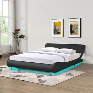 [Bellemave]Faux Leather Upholstered Platform Bed Frame,LED lighting with remote controller and APP,Curve Design,Wood Slat Support,No Box Spring Needed,Easy Assemble,Queen Size,Black