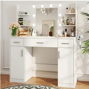 Vanity Desk with Mirror, Makeup Vanity Table with 3 Color Light Options Adjustable Brightness for Bedroom Dressing Room, White