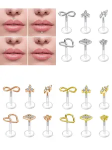 6pcs/set 16G Lip Piercing Retainer Lip Labret Studs for Unisex Plastic Clear Earrings for Sports, Work, School, Surgery Lip and Ear Piercing Jewelry for Helix Tragus Lip Medusa Monroe with Heart Flower Multi Element Piercing Retainer