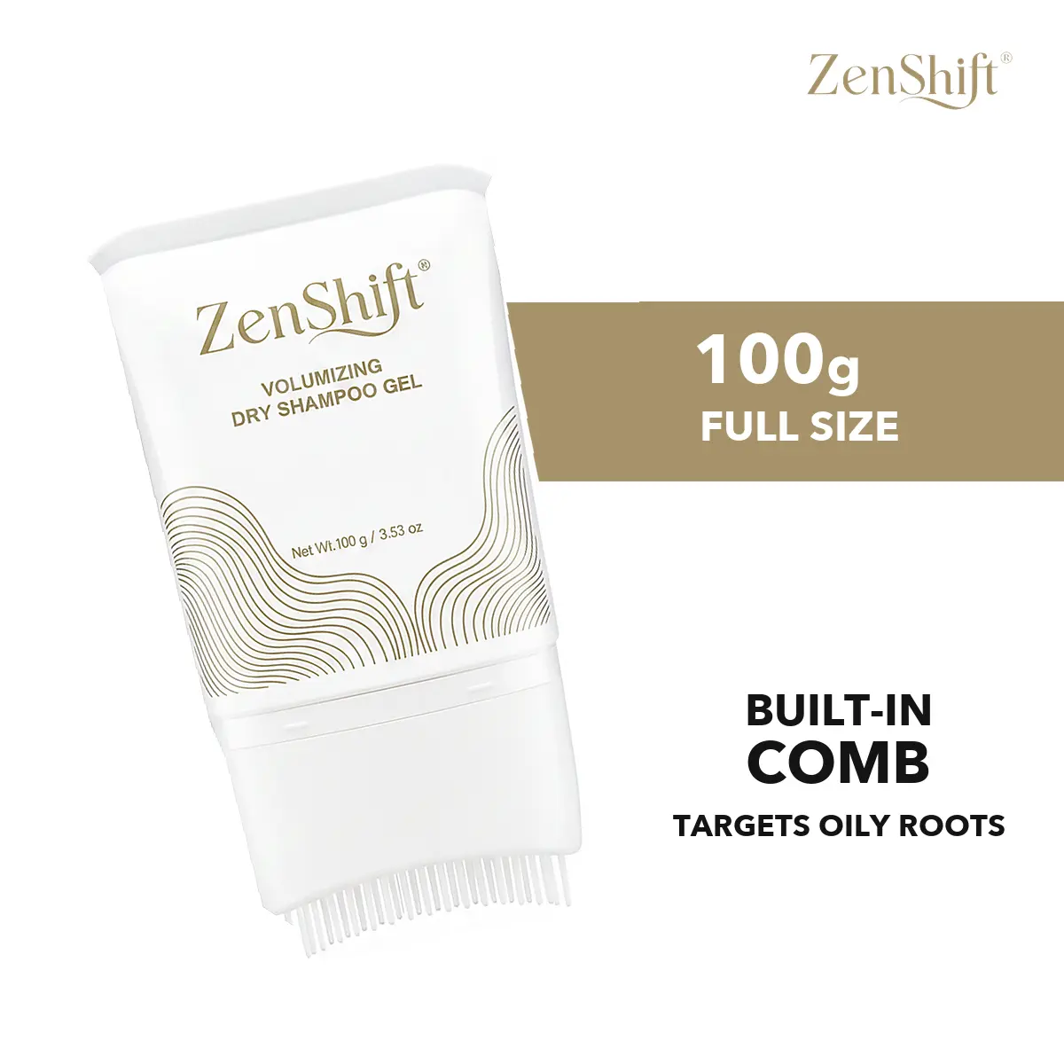 ZenShift Volumizing Dry Shampoo Gel with Built-In Comb, No-Rinse Haircare for Greasy Hair, Quick Refresh for Root Areas, Oil Control, Creates Soft Fluffy Volume, Non-Aerosol, 3.53oz Oil Control, 3.53 Fl Oz