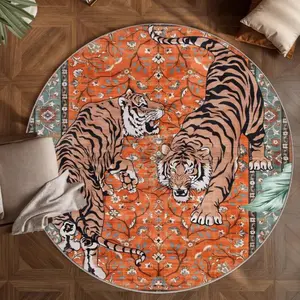 Vintage Tiger Pattern Round Rug, Non-slip Soft Floor Mat, Washable Decorative Carpet for Home Living Room Bedroom Hotel Dormitory