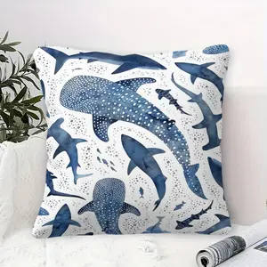 Watercolor Blue Ocean Life Theme Cushion 1 Pc with Core, 45cm Square Zipper Closure, Shark Whale Bubble Texture, Soft Comfortable for Bedroom Sofa, Fresh Natural Home Decor for Women or Men, Gift Choice