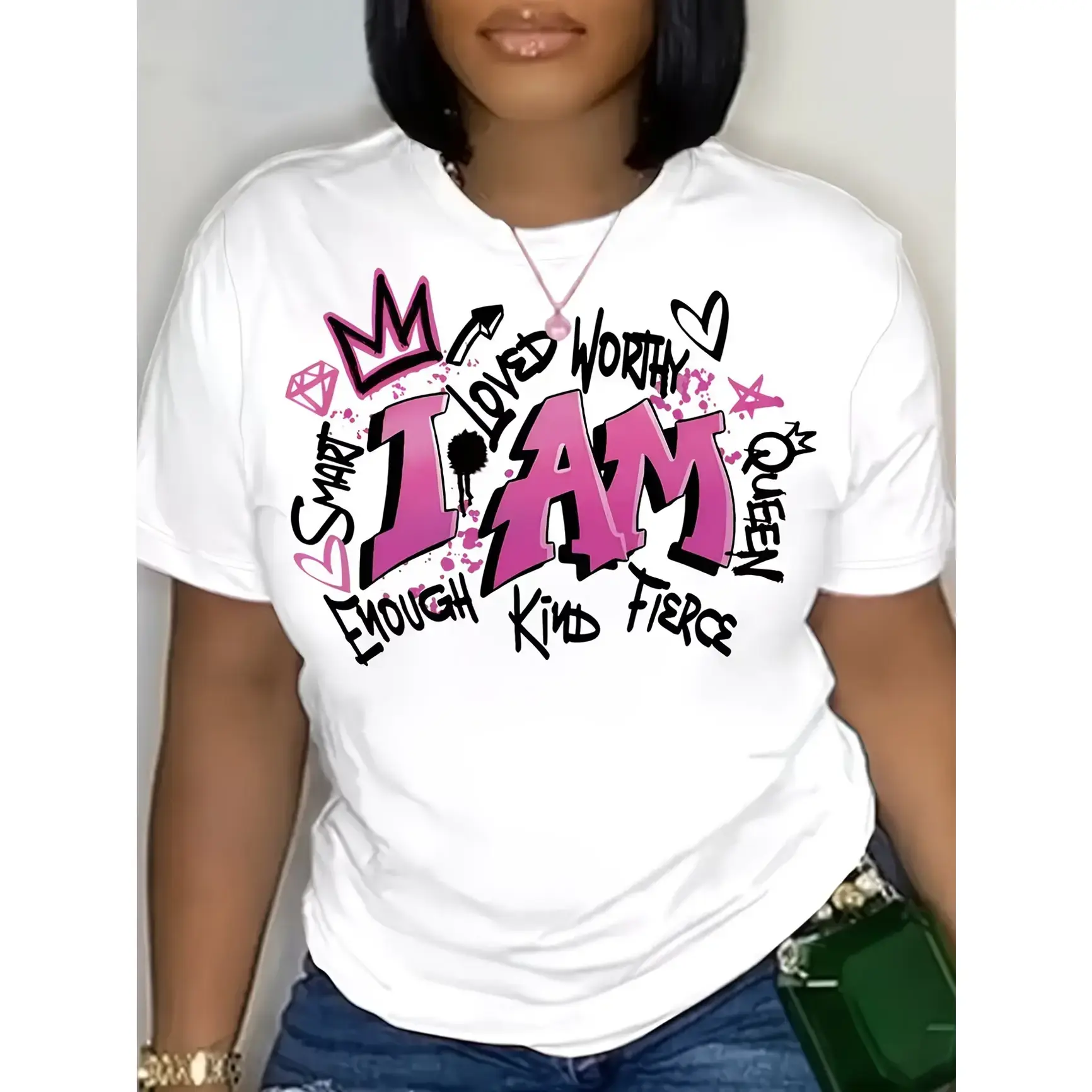 Plus Size Women's T-Shirt with Positive Affirmations Graphic, Comfort Fit Motivational Short Sleeve Top in Breathable Cotton Fabric for Everyday Wear, Shortsleeve, Simple, Loose, Round Neck, Soft, Tshirt, Tee