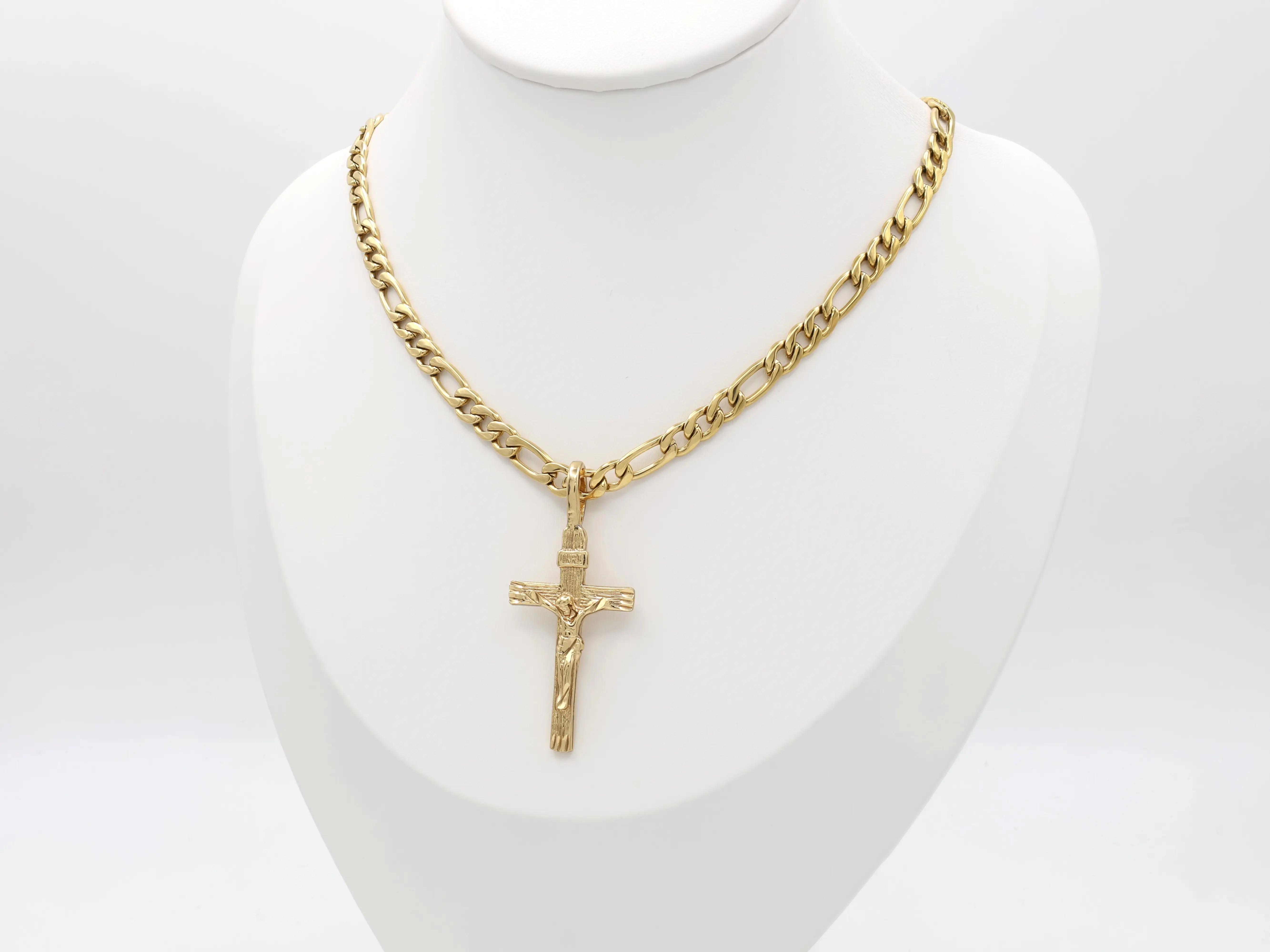Gold Crucifix Necklace for Men, 4mm Round Figaro Chain, 14K Heavy Plated Gold, Pendant 43mm in Height 23mm in Width