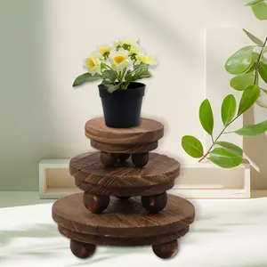 3Pcs Décor Wood Risers 3 Size Stackable Wooden Stool Display Stand Round Flower Pot Holder Stool Mini Décor Riser Stand Wood Tray Riser Hold Up to 50lbs for Indoor Outdoor