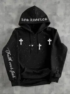 Men's Hooded Sweatshirt, Dark Gothic Cross Element Hooded Sweatshirt, Starry Sky Dyeing Process Pullover, Kangaroo Pocket, Casual Regular Loose Drawstring Hooded Sweatshirt, Suitable For Daily Vacation Outdoor Wear, Fall Outfits & Winter Outfits
