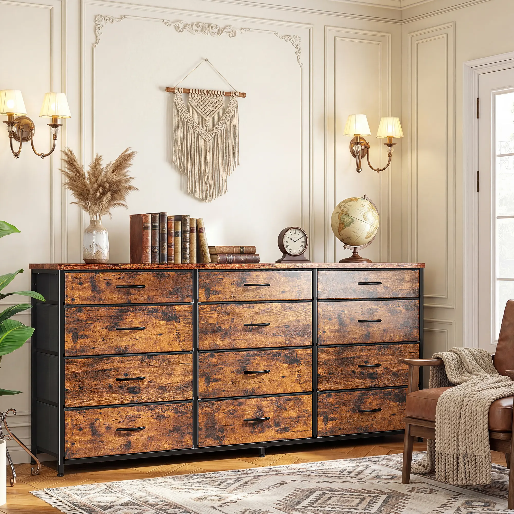 Raybee 55" Rustic Brown Dresser - 12 Large Fabric Drawers, Metal Frame, Wood Top, 60" TV Entertainment Center, Multi-Functional Space-Saving Indoor Storage Furniture, Dresser for Bedroom, Living Room Use