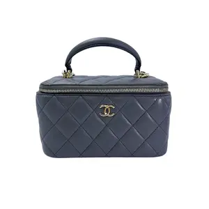 Pre-owned CHANEL Lambskin Shoulder Bags 22A Grey Quilted Leather Top Handle Vanity Case(PU***TK) cc1943
