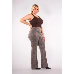 Plus Size High Waist Flare Pants With Front Seam Detail - Khaki, Brown Plaid