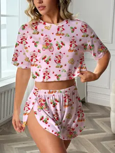 Women's Strawberry Girl Print Sleepwear Loungewear Set, Casual Loose-Fitting Short Sleeve T-Shirt and Above Knee Shorts, Summer Comfortable Pyjamas