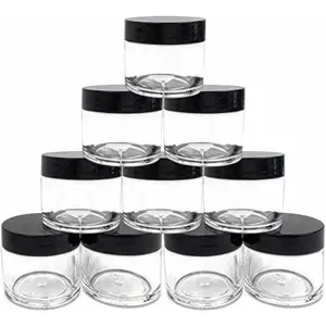 30g 30ml/1oz Refillable Black and White Plastic Screw Cap Lid with Clear Base Empty Cosmetic Jars for Nail Powder Bottles Eye Shadow Container Lot Powder Storage Container (Pack of 10) (Black Lid)