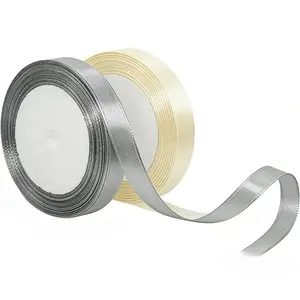 2-Roll Set Beige & Gray Satin Ribbon - 47.3 Meters Total 0.39 inch Wide Neutral Ribbon for Boho Wedding Decor & Floral Bouquet Tying, Elegant Ramadan Table Settings & Iftar Celebration Details, Minimalist Gift Wrapping & Premium Packaging, DIY Home Decor