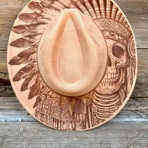 Indigenous Skull with feathers, Native American, Indian.  Burned Hat