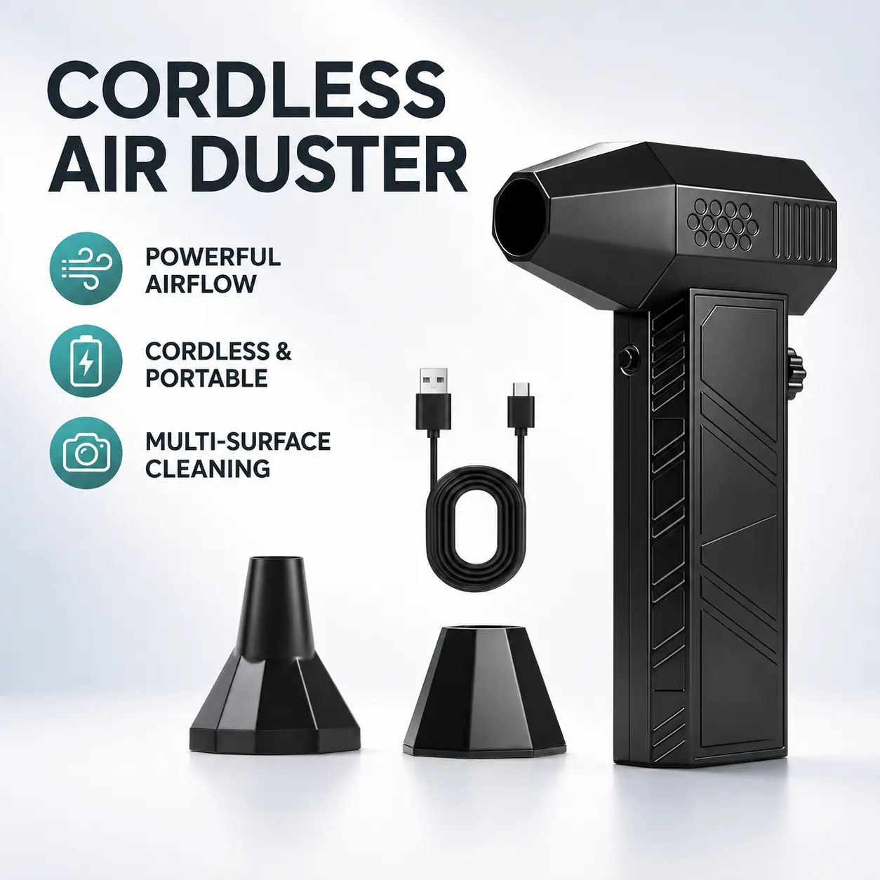 A portable high-power blower that fits in your hand, perfect for outdoor cleaning, car dust removal, keyboard care and quick inflation.