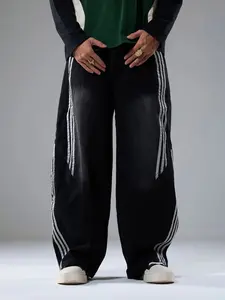 Denim Contrast Striped Stitching Barrel Jeans - 2504