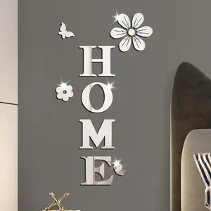 Home Letter & Flower Design Wall Sticker, 1 Set Acrylic Mirror Wall Decal, Self Adhesive DIY Mirror Wall Sticker, Wall Decor for Home Living Room Bedroom, Ornaments, Decoration Items