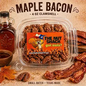 4oz- clamshell -The Nut Shack Maple Bacon Candied Pecans Sweet & Savory Gourmet Snack with Real Maple Flavor & Crispy Bacon Taste - Texas Favorite - Crunchy - No Preservatives - Gluten-Free