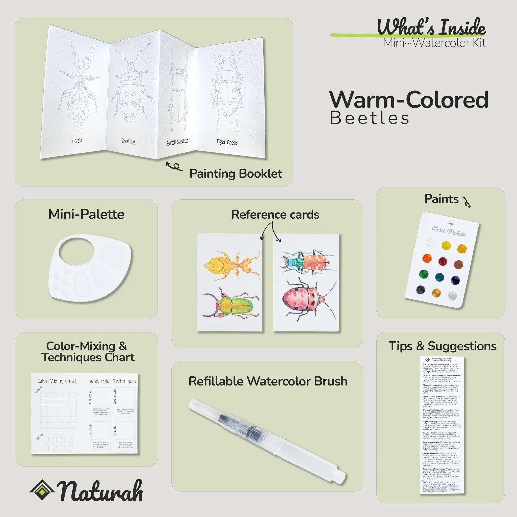 Naturah Mini Accordion Beetle Watercolor Kit - Pocket-Sized DIY Painting Set for Beginners & Nature Lovers | Mini Travel Art Gift with Warm-Colored Beetles Theme | Includes Watercolor Paints, Brush, Palette, and More