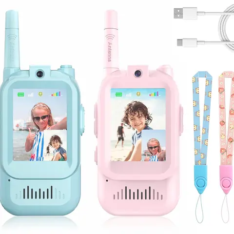 Kids' Durable 2-Pack Rechargeable Video Walkie Talkies - USB-C Charging, Plastic Build, Auto-Pair, Long-Range, Video Intercom, Voice Effects, Casual Walkie Talkies, Ideal Outdoor Kids Stuff Gifts for 3-12 Yrs, Indoor & Outdoor Use