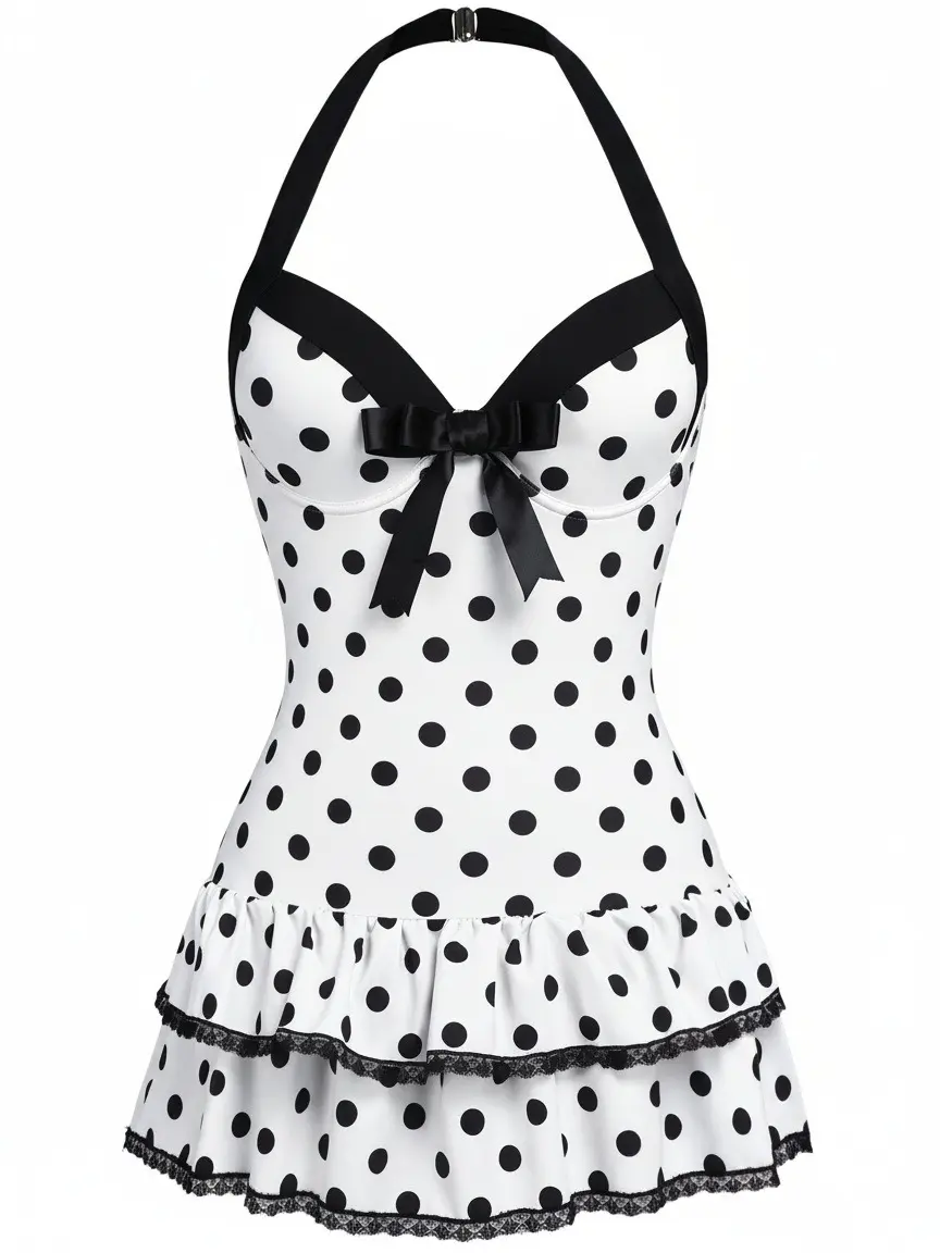 RETRO STAGE Women's 1940s White Halter Polka Dot Bow 1-Piece Swimsuit, Backless Bathing Suit with Ruffled Hem, Vintage Charm & Comfortable Fit, One Piece Swimsuit Bathingsuit