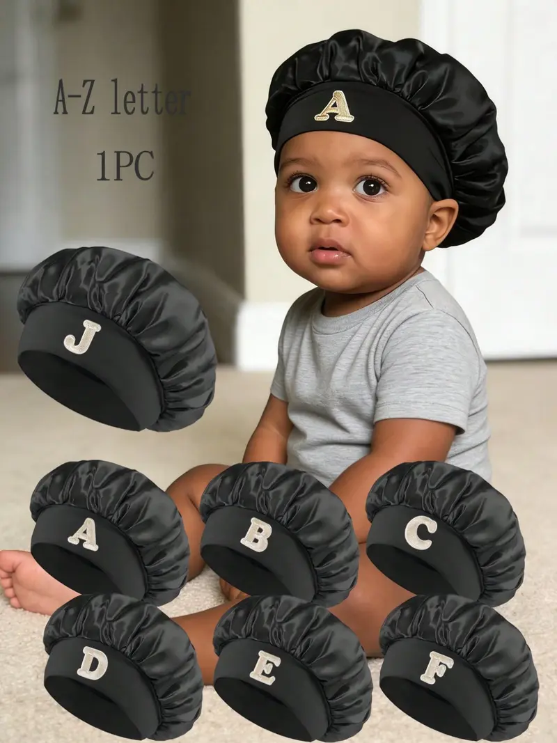 1PC Baby Sleep Cap for 1-3 Years, Soft Stretch Silk-Like Bonnet, Black Color, Comfortable Hair Protection Hat