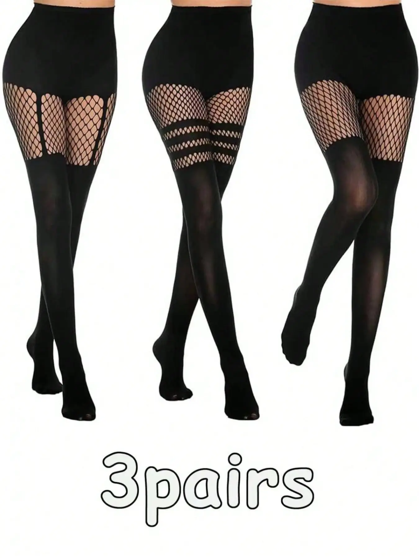 3 Pairs Classic Fishnet Stockings, Thigh Highs, Sexy Underwear, Comfortable Daily Wear, Party Use, Geometric Pattern, Mid Waist, Women Pantyhose, Tights, Clothing