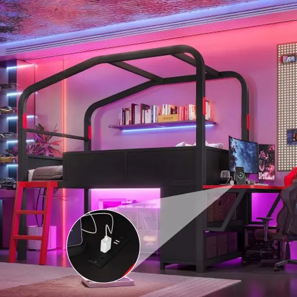 [Bellemave]Twin /Full Size Low Loft Bed with Side Desk and Usb Ports, Gaming Style Metal Loft Bed with Led Lights, Storage Cabinets, and Chic Canopy Design, Black
