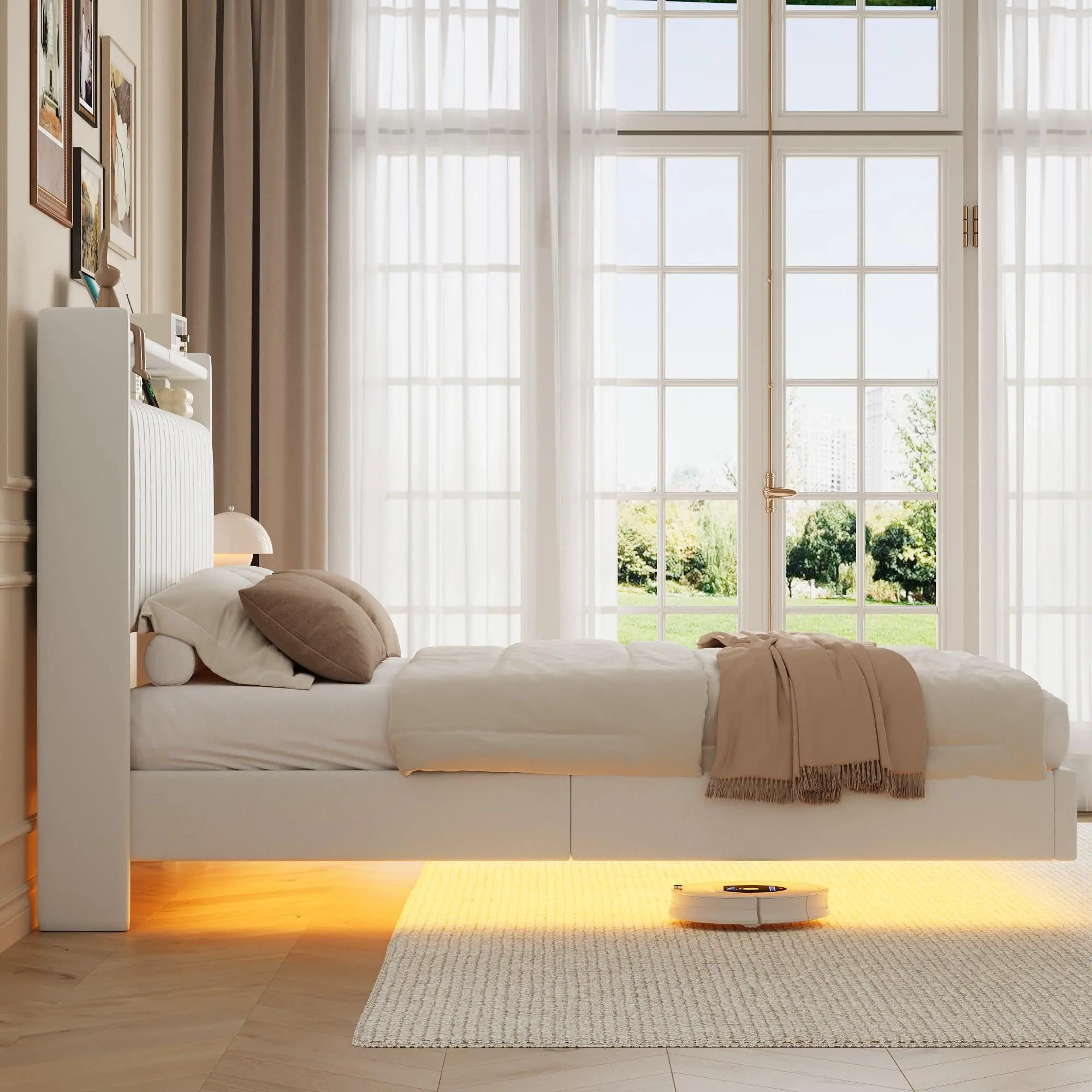 White Queen Floating Bed Frame - Modern Minimalist Style with LED Lights, Storage Headboard, Silent Design, No Box Spring Required, Easy to Assemble for Bedroom/Vacation Home