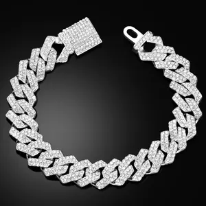 14MM Iced Prong Link Cuban Chain Bracelet for Men Women, Full Rhinestones Chunky Miami Cuban Bracelet, Punk Hip Hop Jewelry Gift