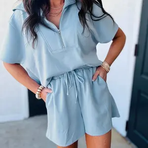 Women's 2 Piece Lounge Set Half Zip Loose Short Sleeve Sweatshirt and Drawstring Elastic Waist Shorts with Pockets Casual Matching Outfits