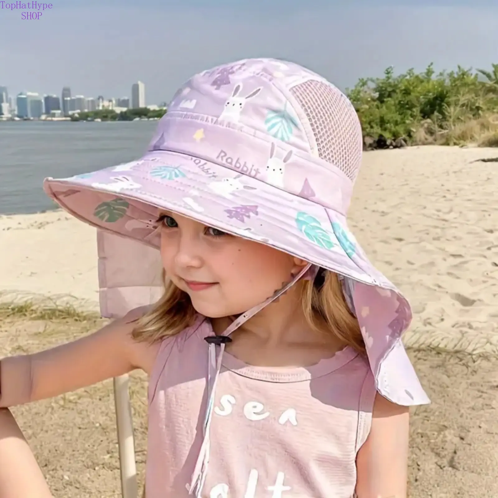 Kids' Cute Cartoon Sun Bonnet (Ages 3-10) - Polyester Breathable Sun Protection Hat for Boys & Girls, Pink Outdoor Summer Beach Accessory, Sun Bonnets