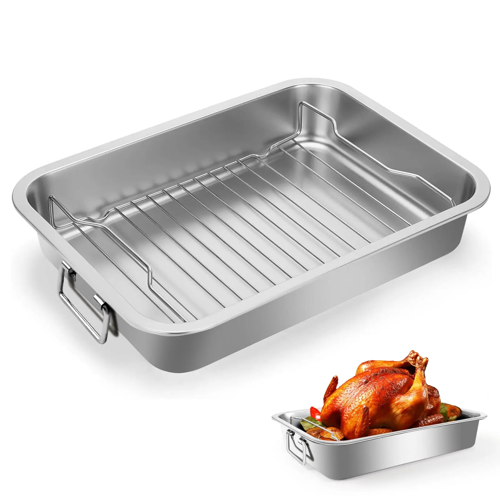 Stainless Steel Roasting Pan with Rack, 15.5" x 11.6" Turkey Roasting Pan, 3" Deep Oven Baking Pan with Riveted Handles, Dishwasher Safe