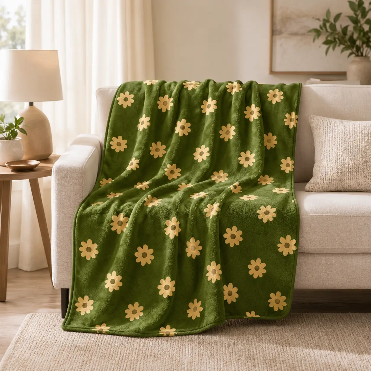 Olive Green Beige Daisy Retro Minimalist Floral Flannel Throw Blanket, Soft Fuzzy Plush Blanket for Couch Bed Dorm Sofa, All Season Cozy Warm, Great Gift for Boho Home Lovers, Vintage Cottagecore Aesthetic Botanical Bedroom Living Room Home Decor