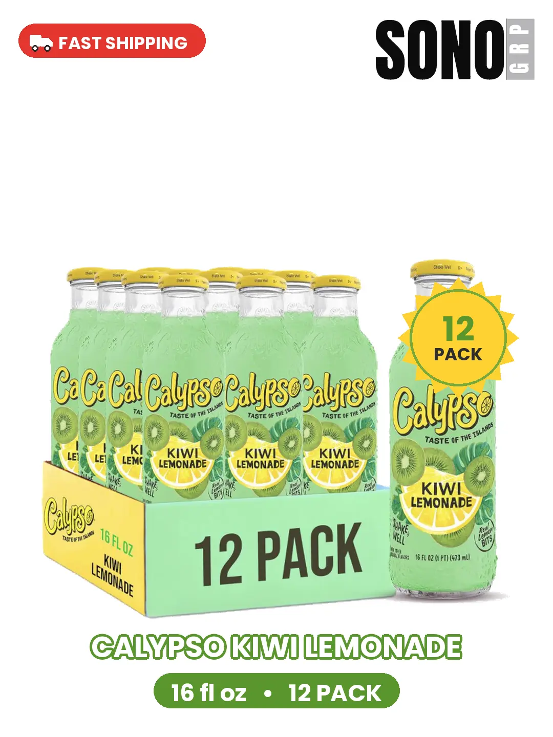 Calypso Lemonade, Kiwi Lemonade, Made with Real Fruit, 16 Fl Oz Glass Bottles (Pack of 12)