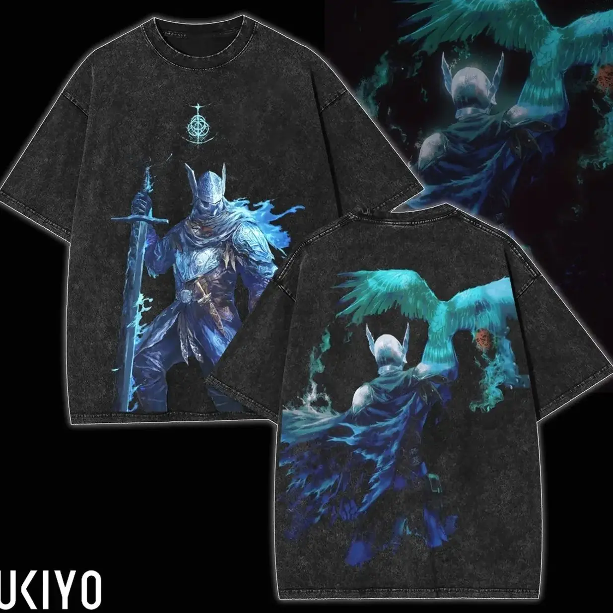 Wylder Elden Ring Nightreign Vintage Washed Graphic T-Shirt Double-Sided Oversized Anime Game Knight Raven Blue Flame Unisex Cotton Tee IGZ