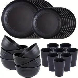 32/16pcs Kitchen Plastic Wheat Straw Tableware Set for 4/8 People Includes Plates Dessert Plates Cereal Bowls Cups Unbreakable Black Plasti