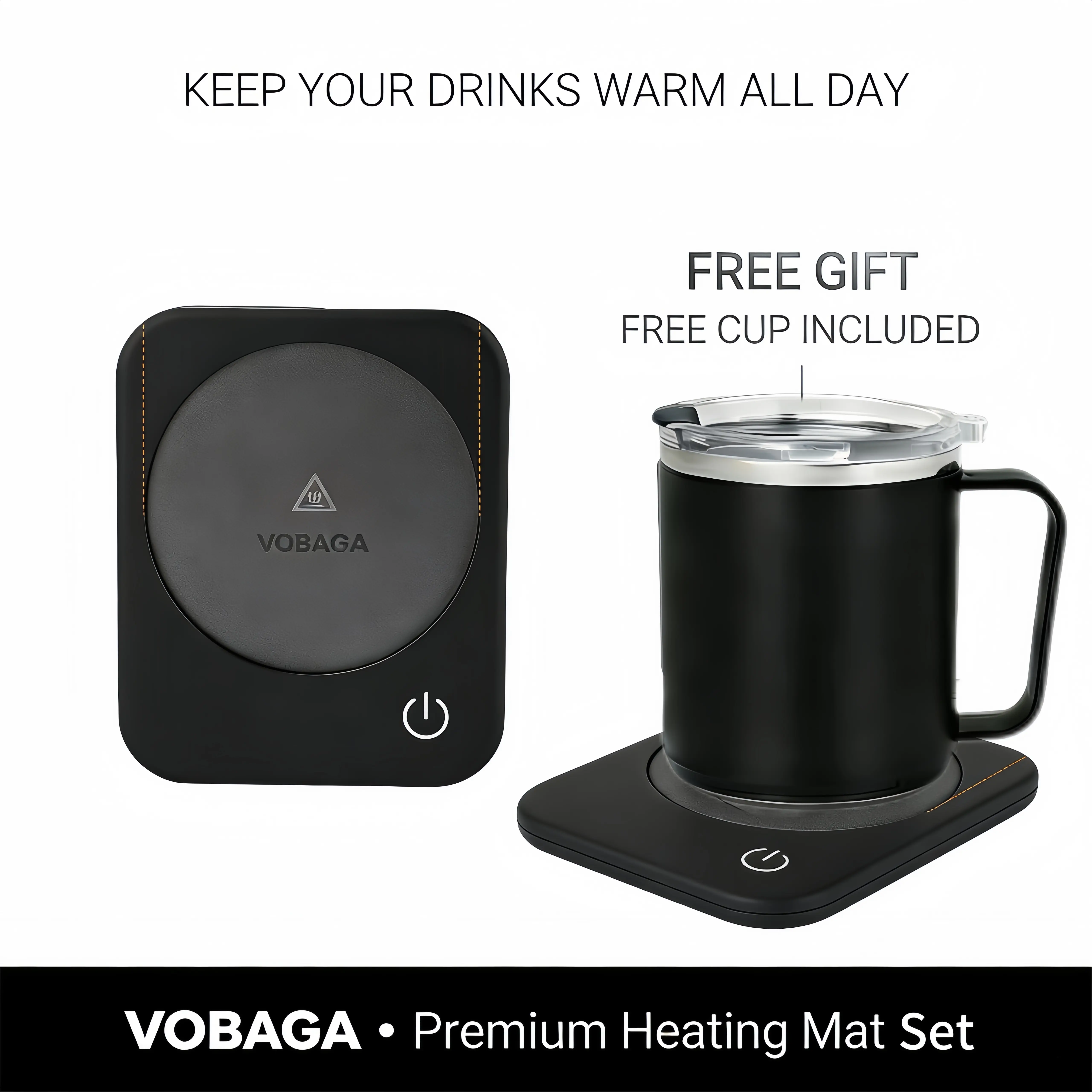 VOBAGA Portable Self-heating Coffee Mug Warmer Set - 15oz Sleek Stainless Steel & Plastic Flat Bottom Mug, 3 Temp Settings, 4-Hour Auto Shut-Off, Smart Safety Protection, Keep Warm for Office, Bedside Tables, Coffee Lovers (Gift-Ready Kitchen Appliance),