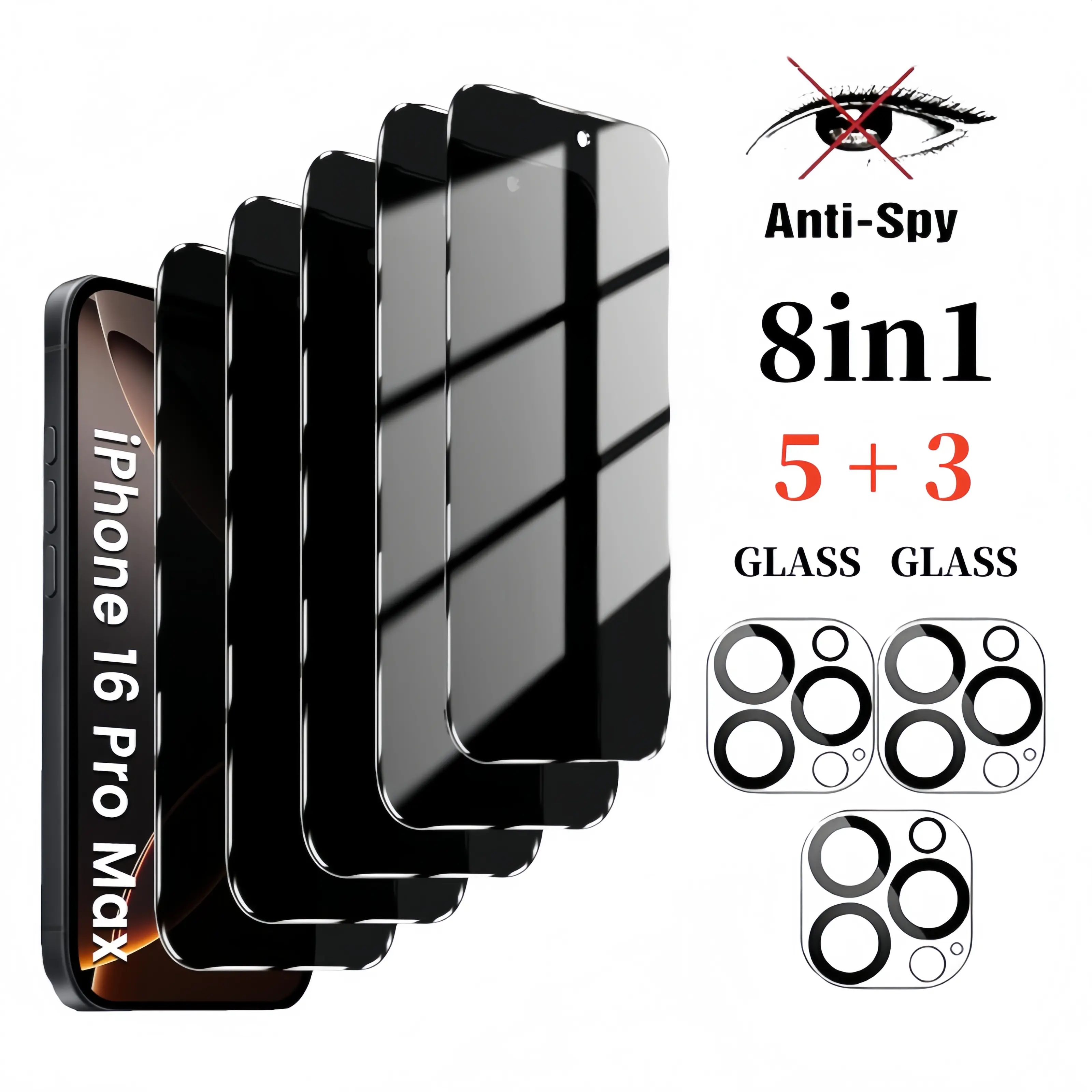 [8-in-1] Smartphone Protector Kit: 5+3 Pieces Privacy Screen Protector & Camera Lens Shield for iPhone 13/14/15/16/16E/16 Plus/17 Pro Max Plus/17 Air, 9H Hardness Anti-Spy Anti-Fingerprint Tempered Glass, Case-Friendly