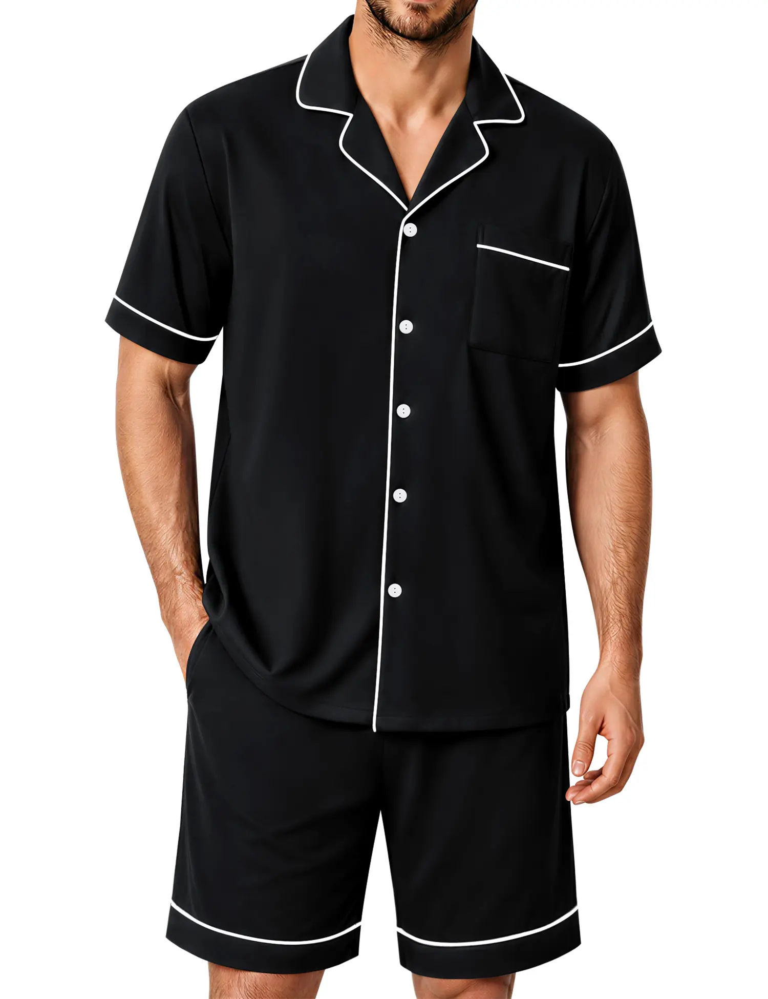 SWOMOG 100% Cotton Mens Pajama Set Short Sleeve Sleepwear Button Down Loungewear 2 PCS Cotton Pjs Set with Pockets