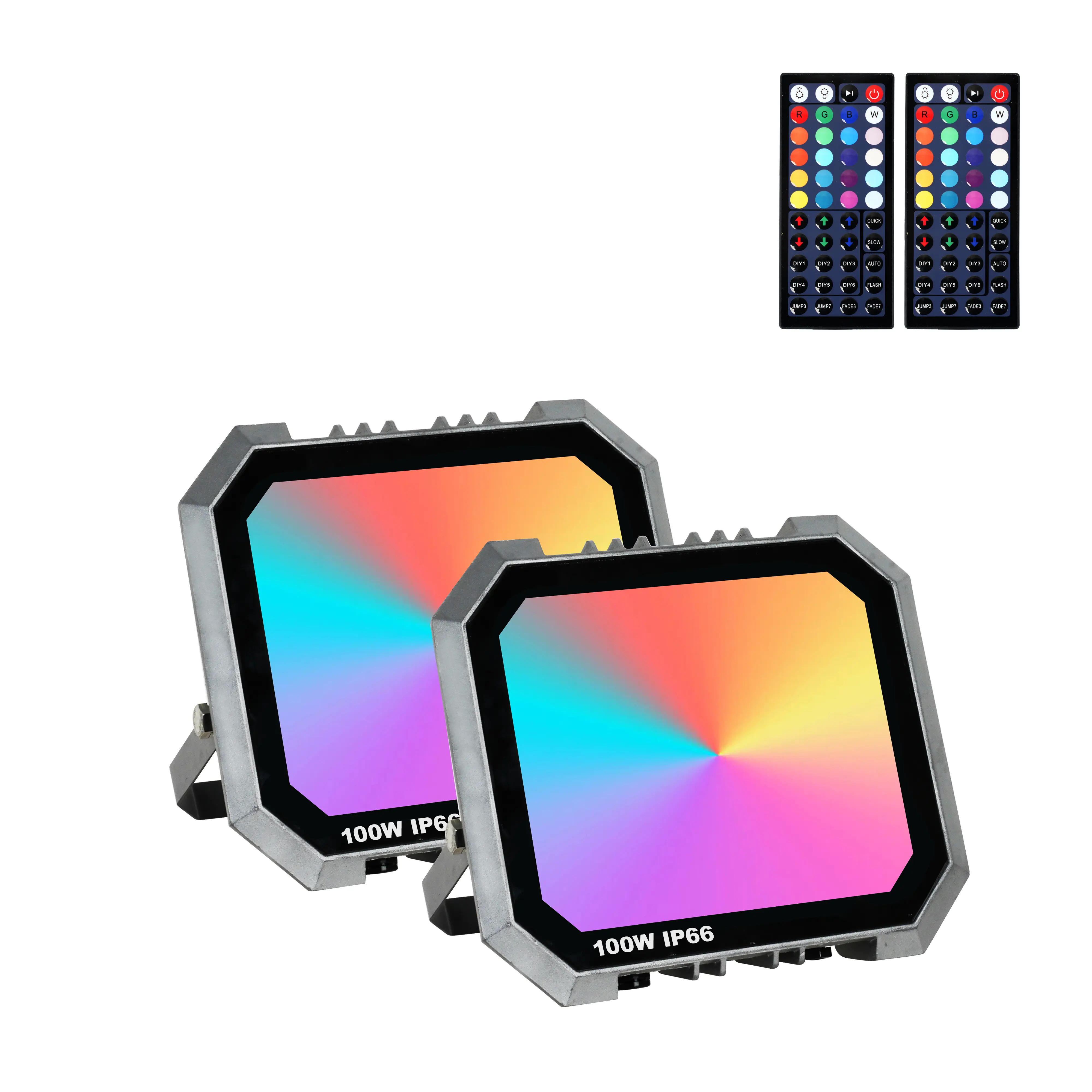 Multifunctional RGB LED Floodlight 100W (Equivalent to 1000W), 2 Remotes, IP66 Waterproof, 20 Colors, 6 Modes, Memory Saves Your Setup, Screw Kit Makes Setup Simple for Party, Esports Lighting