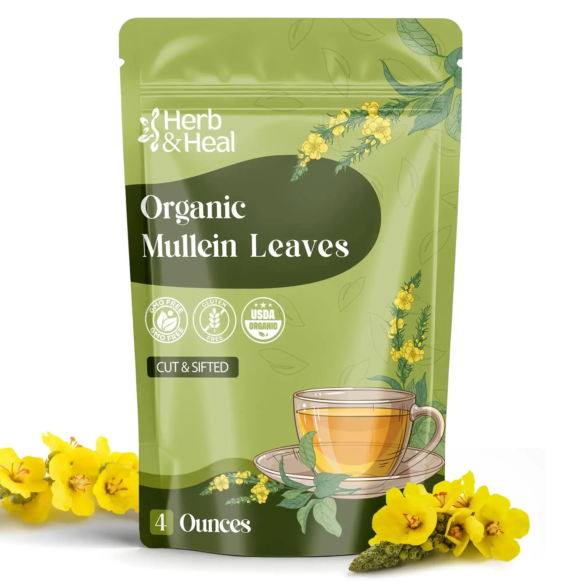 Herb & Heal Organic Mullein Leaf Botanical Tea - Loose Cut Stiff Herbs, Traditional Vegan, Gluten-Free, Dairy-Free, Halal, Kosher Natural Health Supplement Beverage