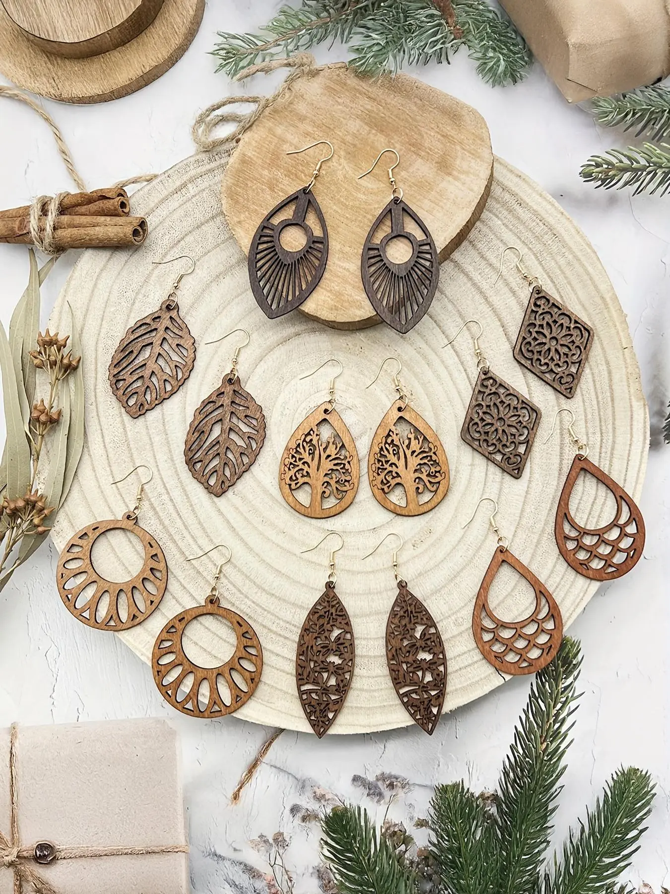Vintage Wooden Earrings, Bohemian Earrings, Dangle Earrings Set, Drop Dangle Earrings, Dangly Earrings, Vintage Statement Earrings, Boho Style for Women & Girls, Trendy All-match & Exquisite Jewelry for Birthday Gift