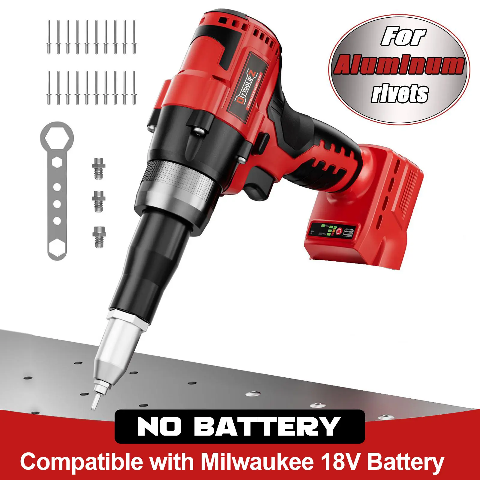 Cordless Electric Pop Rivet Gun Compatible with Milwaukee 18V Battery(NO Battery!!), 3 Size (1/8", 5/32", 3/16") Aluminum Rivets, with Kit Nose Piece, PowerTool backtoschool