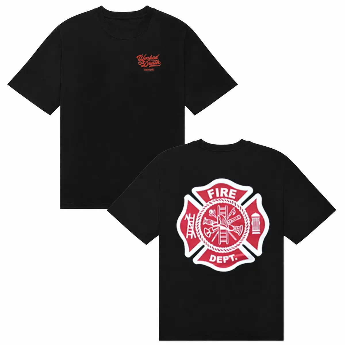 Men's Short-Sleeve Round Neck Firefighter T-Shirt - Classic Fire Dept Maltese Cross Red Shield Logo, Fire Emblem, Bold Prints, Ladder Hydrant Icon, Minimalist First Responder Hero Menswear Casual Streetwear Top, Shortsleeve, Casual Tee, Heavy Cotton